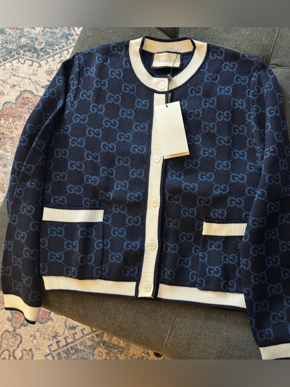 Navy GG Jacquard Button Cardigan with Ivory Trim